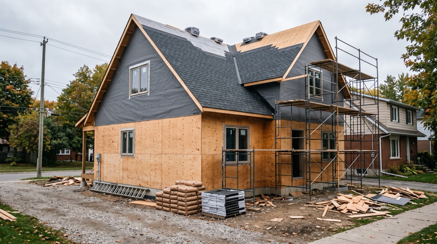 A suburban house being rebuilt after a loss, new sheathing and a part-shingled roof