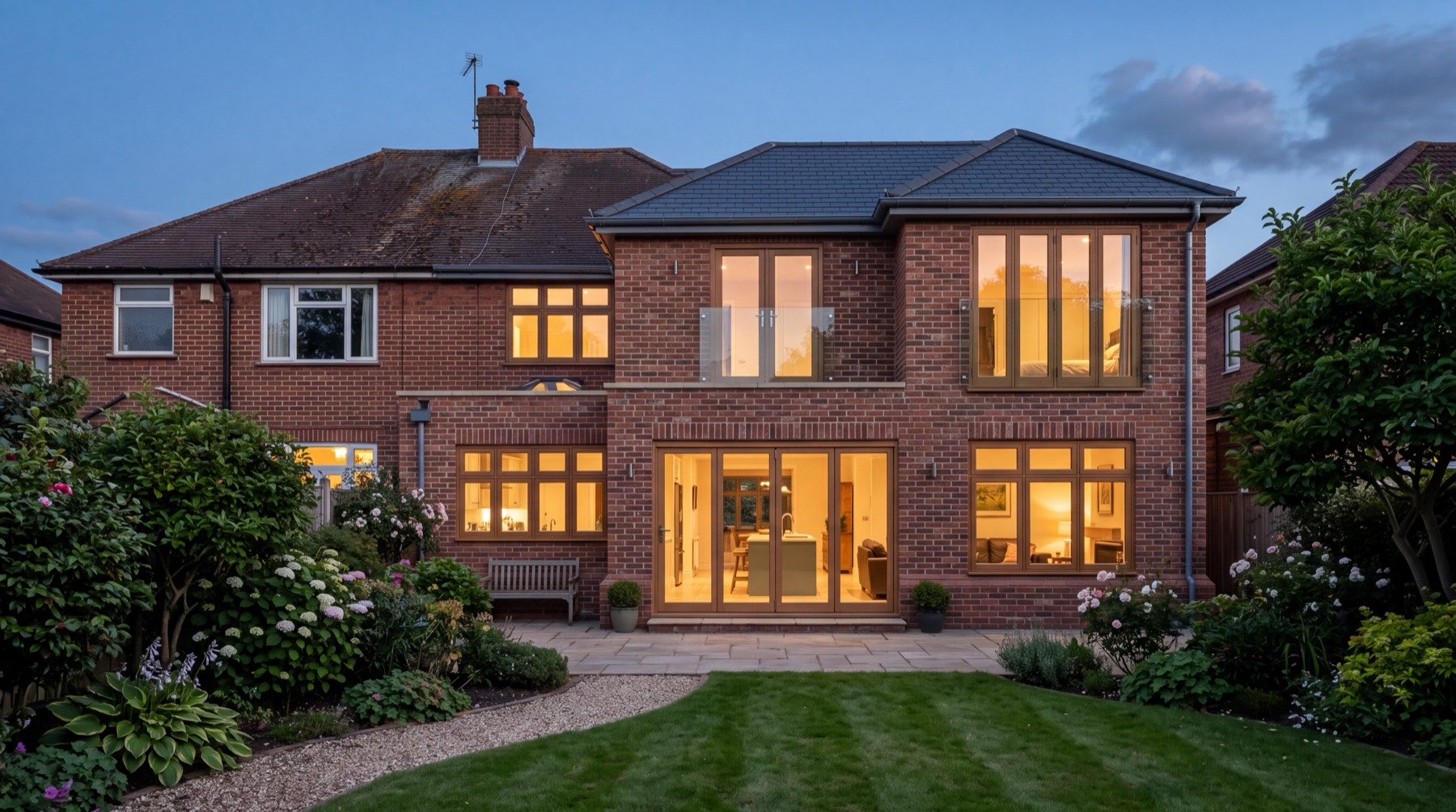 A rear addition matched to the original house, seen from the garden at dusk