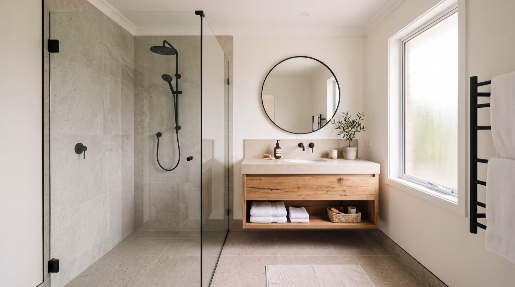 A finished bathroom with a tiled walk-in shower and oak vanity
