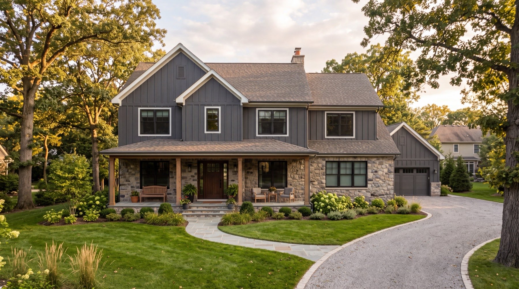 A completed custom home exterior with board and batten siding and a deep porch