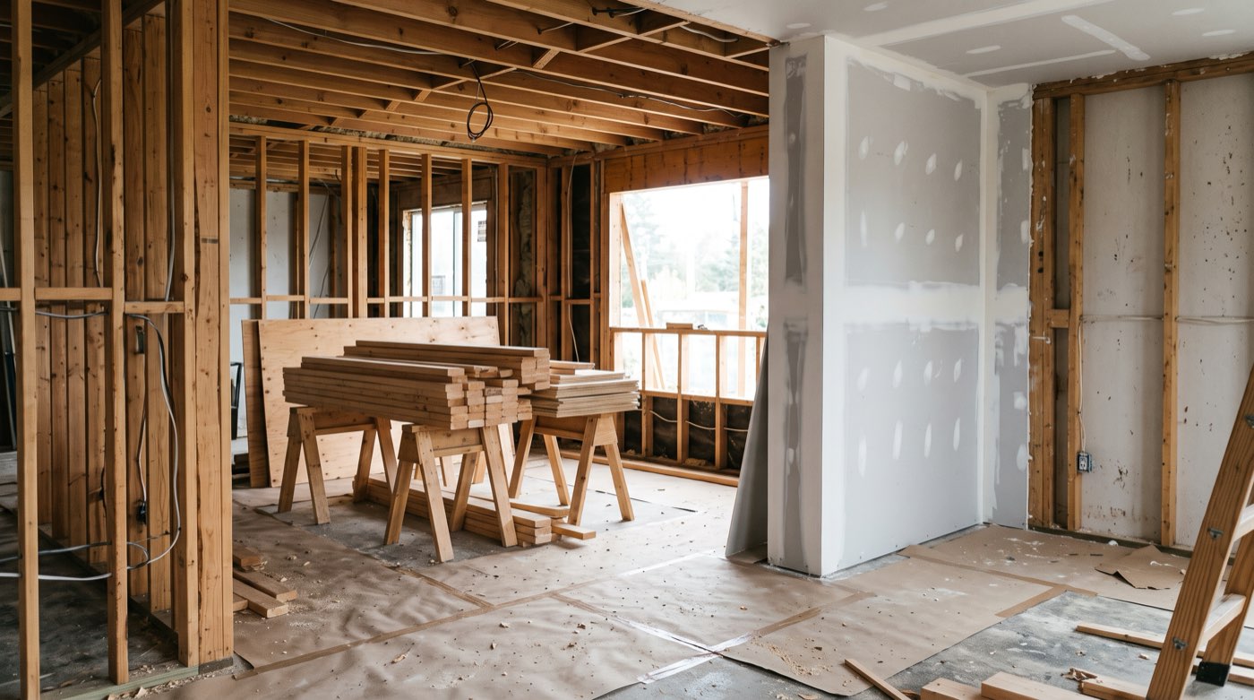 A major renovation in progress with new framing and daylight through an unfinished opening