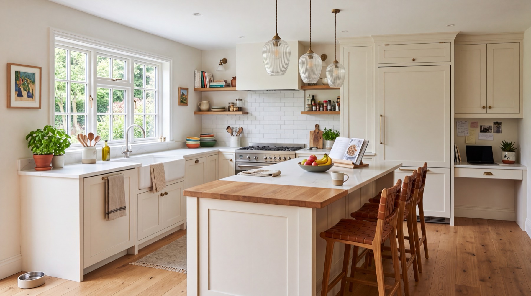 A finished custom kitchen with shaker cabinetry and an island