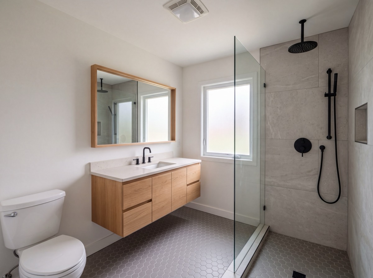 Bathroom renovation. Waterproofing, tiling, vanity and fittings.