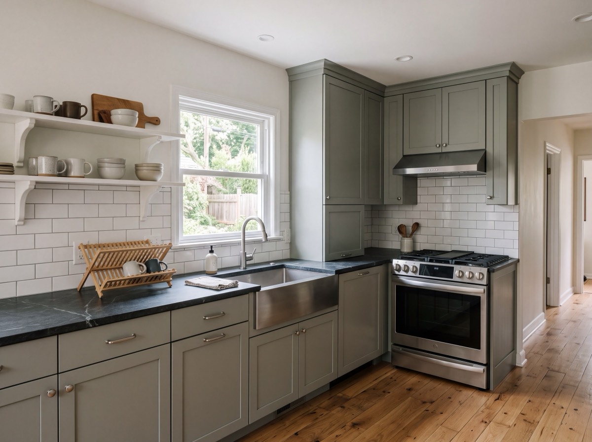Kitchen renovation. Cabinetry, worktops, flooring and lighting.
