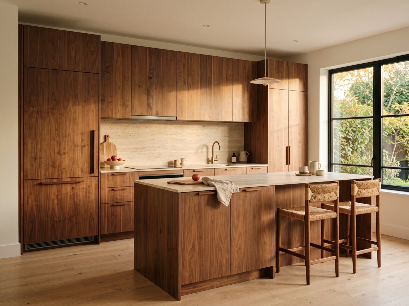 Kitchen and breakfast bar. Cabinetry, stone backsplash and integrated appliances.