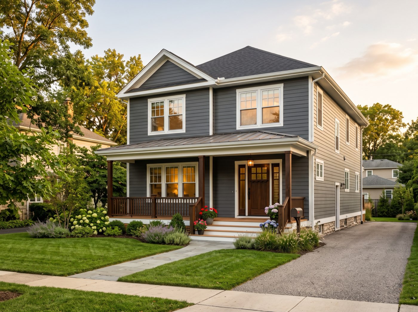 Whole-house renovation. New siding, windows and a rebuilt front porch.